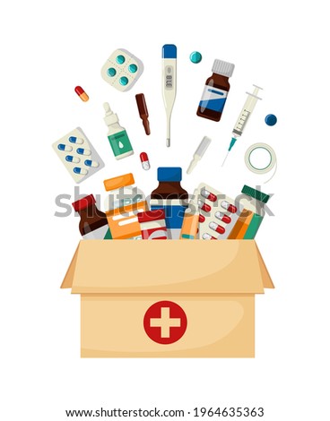 Home delivery of medicines. medical supplies in a box. vector illustration in cartoon style. Royalty-Free Stock Photo #1964635363