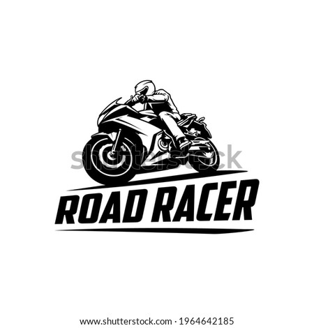Racing motorcycle logo on white background. Superbike vector monochrome emblem.