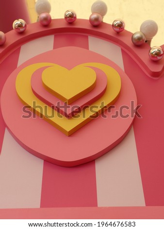 yellow and pink heart of wooden decoration design for warm and romantic concept