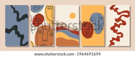 Set of hand drawn abstract faces in line art style, modern minimalism art, aesthetic contour, vector illustration.
