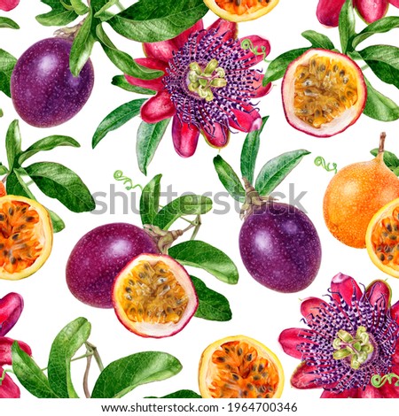 Watercolor seamless pattern passion fruit isolated on white background.