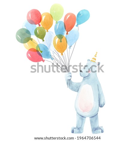 Beautiful baby birthday illustration with hand drawn watercolor cute bear animal with air baloons.