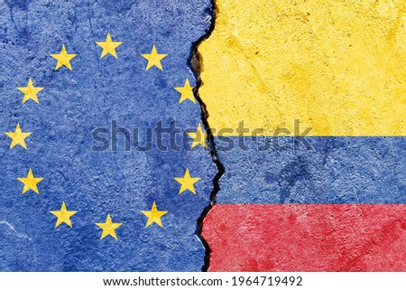 Grunge EU VS Colombia national flags icon pattern isolated on broken cracked wall background, abstract international political relationship friendship divided conflicts concept texture wallpaper