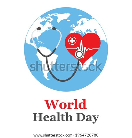 illustration on the theme of World Health Day. Stethoscope and earth map symbol with heart 