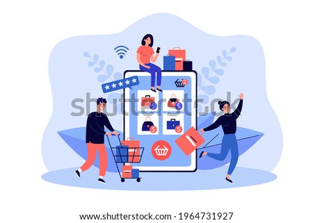 Tiny customers buying goods in online store using giant tablet. Vector illustration. Group of shopaholic buyers with carts and shopping bags. Sale, online purchase, retail shop, Internet concept Royalty-Free Stock Photo #1964731927