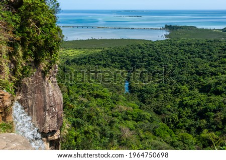View from top base of Pinaisara waterfall, river flowing through lush mangrove forest, stunning gradient blue sea. Iriomote Island.  Royalty-Free Stock Photo #1964750698
