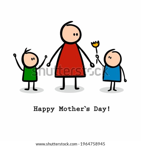 Print with cute doodle illustration for happy mothers day. Children prent flowers. Vector sketch illustration.