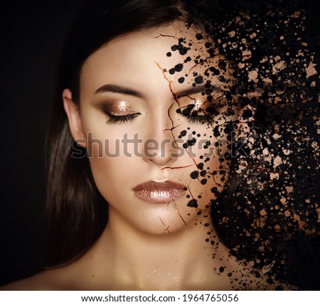 Woman face disintegrates. Skincare concept. Royalty-Free Stock Photo #1964765056