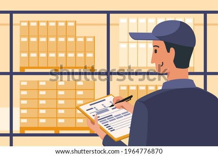 Warehouse Manager Checking or Inspecting Available Stock while Writing Report Data in Paper Document. Royalty-Free Stock Photo #1964776870