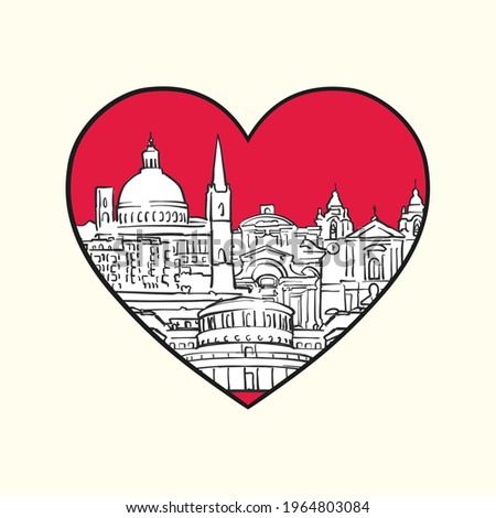 I love Valletta. Red heart and famous buildings, Malta Composition. Hand-drawn black and white vector illustration. Grouped and movable objects.