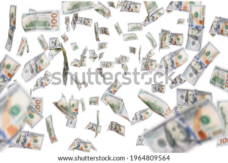 Money rain of 100 american dollars bank notes over isolated background