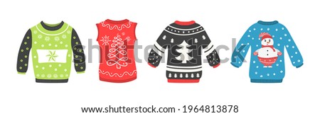 Cute set of Christmas sweater isolated on a white background. Ugly Christmas sweaters seamless vector border. Knitted winter jumpers with winter ornaments and decorations. Holiday design.