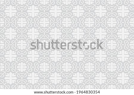 3d volumetric convex geometric white background. Embossed ethnic beautiful curly pattern. Oriental, Islamic, Arabic, Maracan motives. Ornament for wallpapers, presentations, textiles, websites.