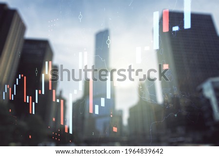 Double exposure of abstract financial diagram on office buildings background, banking and accounting concept