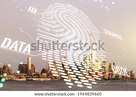 Double exposure of virtual creative fingerprint hologram on New York city skyscrapers background, research and development concept