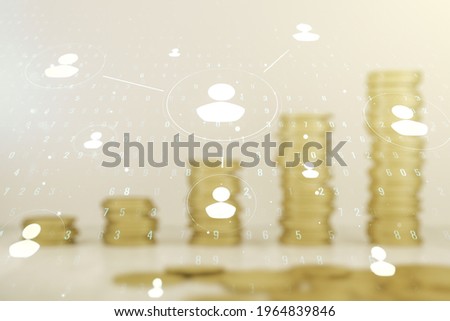 Abstract virtual social network hologram on coins background. Double exposure