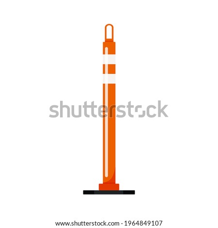 Orange cylinder delineator post barrier isolated on white background. Warning parking symbol with reflective stripes stickers. Vector flat design traffic control device clip art illustration.