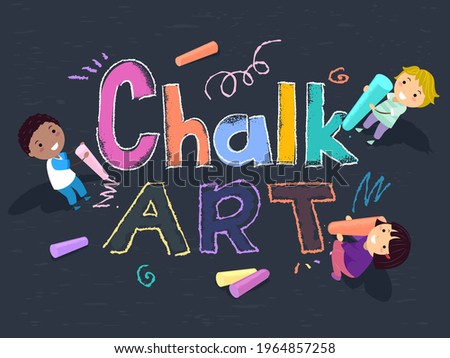Illustration of Stickman Kids Holding Chalks and Doodling Chalk Art Lettering