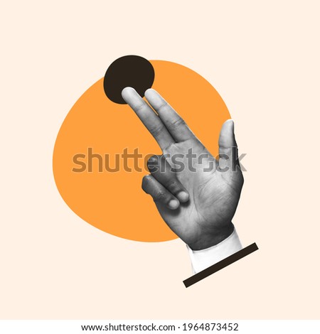 Male hand on yellow-black geometrical background. Modern design, contemporary art collage. Inspiration, idea, trendy urban magazine style. Negative space to insert your text or ad. Surrealism.