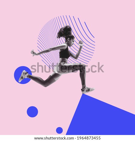 African athlete, runner on geometrical background. Modern design, contemporary art collage. Inspiration, idea, trendy urban magazine style. Negative space to insert your text or ad. Surrealism.