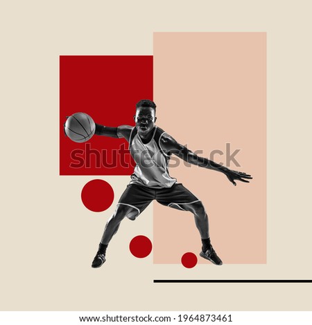 African basketball player on geometrical background. Modern design, contemporary art collage. Inspiration, idea, trendy urban magazine style. Negative space to insert your text or ad. Surrealism.