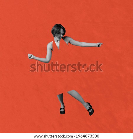 Woman dancing in textures of bright orange background. Modern design, contemporary art collage. Inspiration, idea, trendy urban magazine style. Negative space to insert your text or ad. Minimalism.