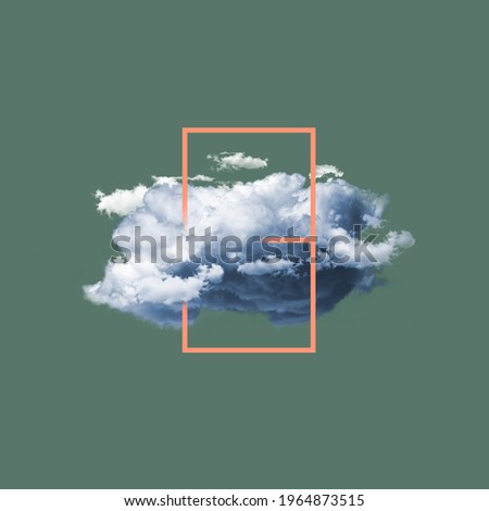 Big cloud with frame on pastel green background. Modern design, contemporary art collage. Inspiration, idea, trendy urban magazine style. Negative space to insert your text or ad. Minimalism. Royalty-Free Stock Photo #1964873515