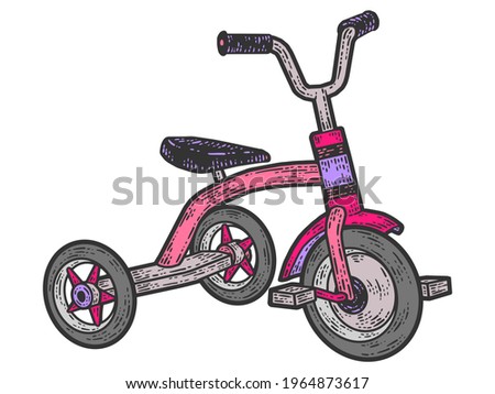 Tricycle, children bicycle. Sketch scratch board imitation. Color pink.