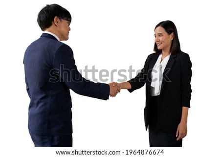 Businessman shake hand with businesswoman with formal suits on white isolate background commitment concept and partnerships 