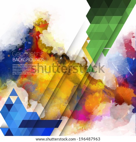 Abstract watercolor palette and combination of geometric shapes, mix color, background,vector illustration,a mixture of colors, stains with a spray of water colors, the author's work.