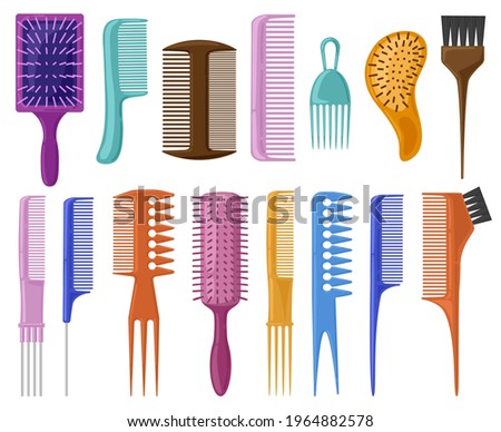Cartoon hair brushes. Hair care plastic hair combs, fashionable hair styling brush vector illustration set. Hairdresser accessories tools. Beauty hairdresser brush, hairbrush to hairdressing equipment Royalty-Free Stock Photo #1964882578