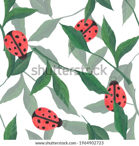 Watercolor seamless pattern. Botanical background with ladybugs, leaves, branches and herbs. Design elements, ladybirds. Perfect for textile, packing, fabric, invitations, cards.