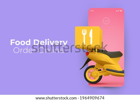 Trendy minimalistic food delivery service or online food order application  banner design template with smartphone screen and delivery scooter or it. Vector illustration Royalty-Free Stock Photo #1964909674