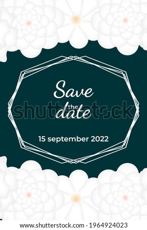 dark color card with white flowers and geometric, abstract shapes on dark background, save the date, for invitations