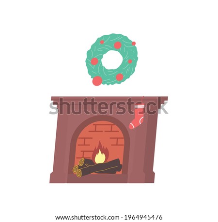 Christmas flat composition with isolated image of fireplace with sock and wreath made of fir needle vector illustration