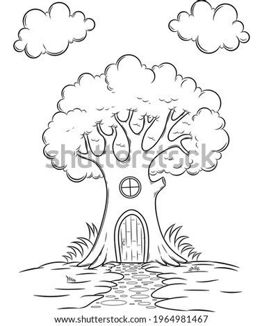 House in the tree. Sketch outline and color version. Childrens education. Vector illustration, Coloring book page for kids. 