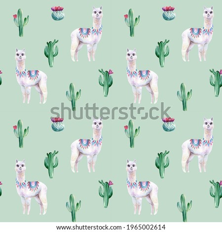 Watercolor hand painted seamless pattern with alpaca and cactuses on blue and grey background. Cute design for textile, wrapping paper or children’s goods.