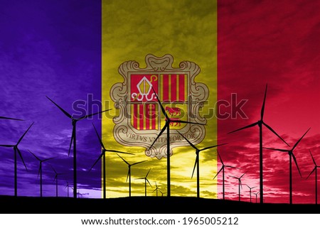 Andorra flag wind farm at sunset, sustainable development, renewable energy Wind Turbines
