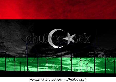 Libya flag wind farm at sunset, sustainable development, renewable energy Wind Turbines
