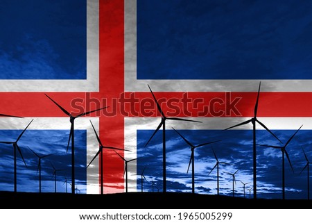 Iceland flag wind farm at sunset, sustainable development, renewable energy Wind Turbines