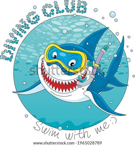 T-shirt design of a diving club with a funny great white shark swimming with a mask and a snorkel in blue water of a tropical sea, vector cartoon illustration isolated on a white background