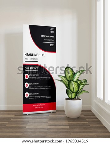 Roll up banner mockup with a plant beside the window Royalty-Free Stock Photo #1965034519