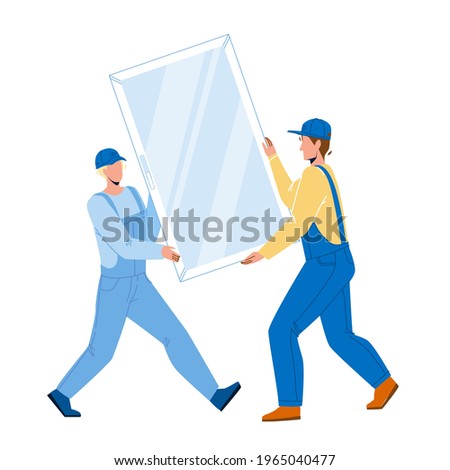 Men Carrying Pvc Window For Installing Vector. Construction Workmen Carefully Carry Pvc Window For Install Or Replacement. Characters Professional Occupation Flat Cartoon Illustration Royalty-Free Stock Photo #1965040477