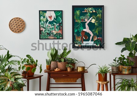 Domestic interior of living room with vintage retro shelf, a lot of house plants, cacti, wooden mock up poster frame on the white wall and elegant accessories at stylish home garden. Template.