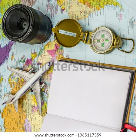 Travel background concept. objective with plane and compass put on empty white paper for text. world map on background. Picture for add text message. Backdrop for design art work.