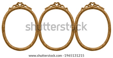 Triple oval golden frame (triptych) for paintings, mirrors or photos isolated on white background. Design element with clipping path