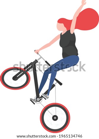 Cyclists and bicycles set. Red female happy persons riding different cycles for sport, fun, work, business or recreation, use sharing system in public places. Vector flat style cartoon illustration