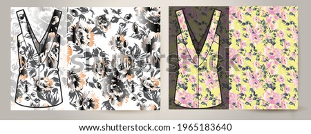 Watercolor Flower background  on women's top mockup.  Liberty style. Floral seamless background for fashion prints. Ditsy print. Seamless vector texture. 