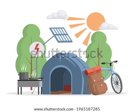 Summer camping scene vector flat illustration. Camping tent, bicycle, traveler bag pack and grilled dishes. Summer traveling, forest camp, vacation, hiking, nature landscape concept.