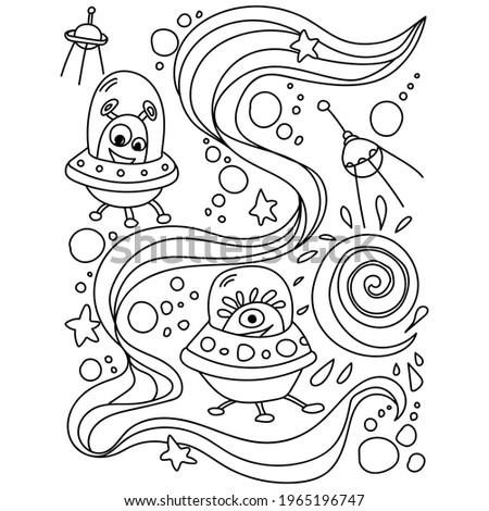 UFO page with funny characters and ornate patterns, outline page for kids activity on a space theme vector illustration